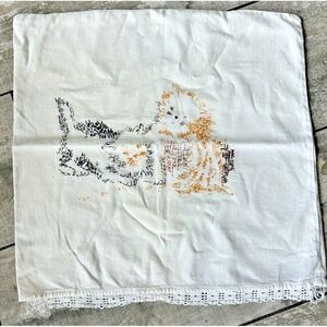 Vintage Folky Hand Stitched‎ Embroidered Kitten Cottage core Antique Pillow Case